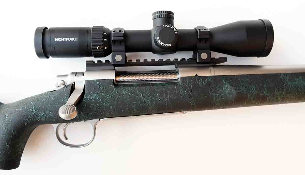 The 5R Remington 700 .300 Winchester Magnum was equipped with a Nightforce SHV 3-10x 42mm using a Nightforce aluminum 20-MOA rail  and aluminum 30 mm rings.